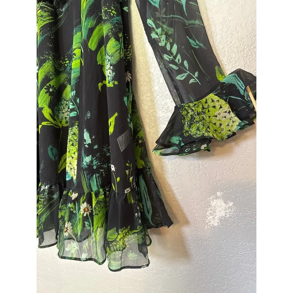 Secret Mission Silk Daisy Floral Dress Womens Medium Black Green Sheer Tiered - Picture 3 of 10